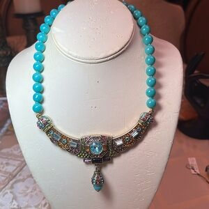 Heidi Daus  Turquoise beaded Necklace with elegant Pendant Old Gold